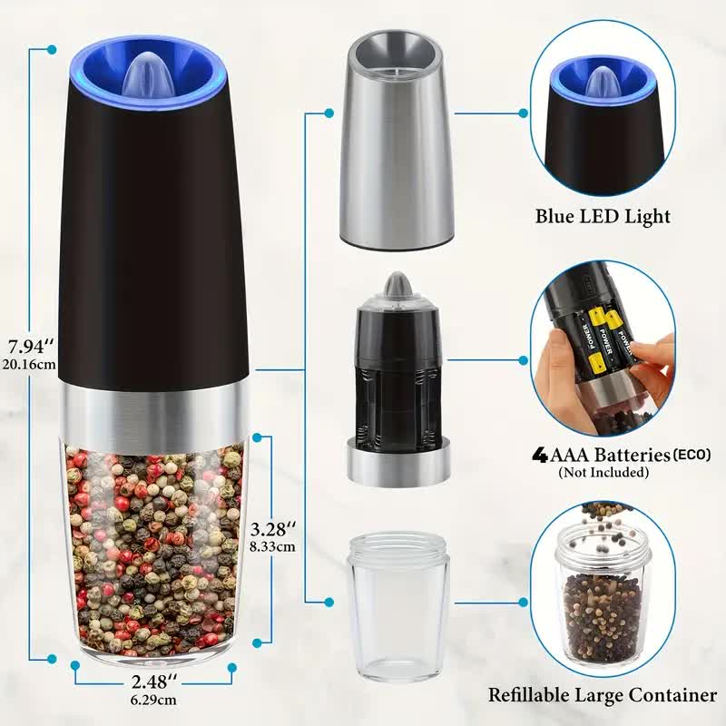 Gravity Electric Salt and Pepper Grinder Set, Battery Powered LED Light One Hand Automatic Operation, Adjustable Coarseness Mill Grinders Shakers...