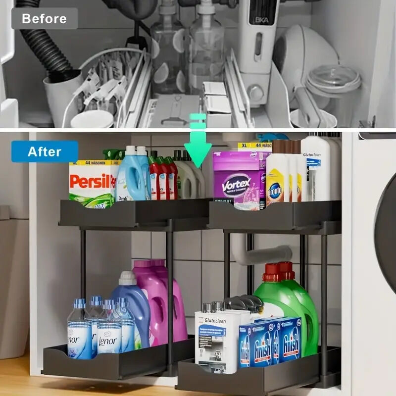 Two-tier pull-out storage rack. An organizational lifesaver for under the kitchen sink. Features adjustable shelves for easy storage of bottles and...