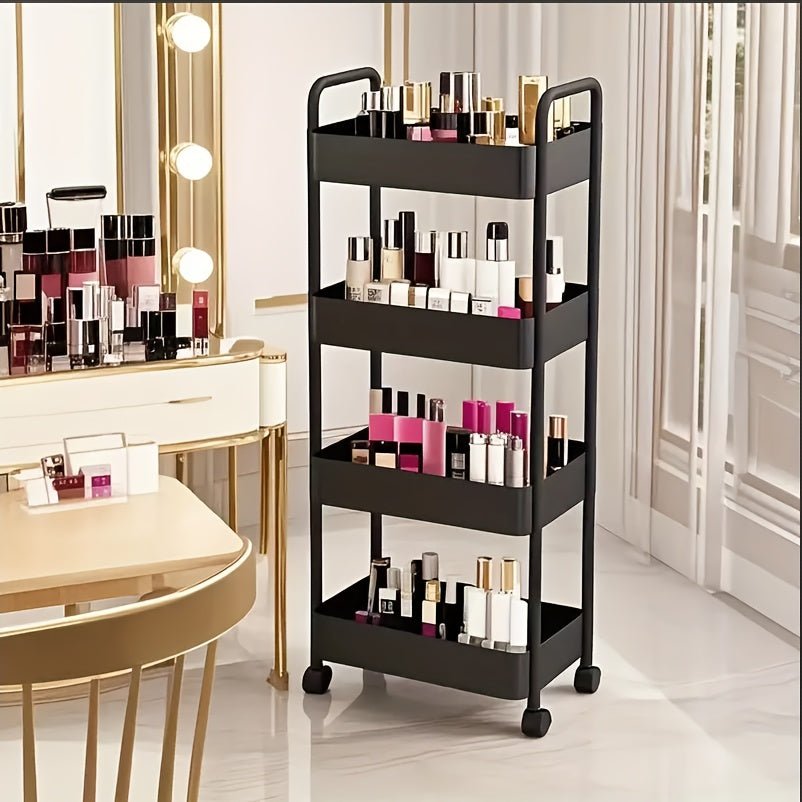 Three-Tier Rolling Cosmetics Storage Rack - Made of durable plastic, equipped with 360-degree swivel casters, strong load-bearing capacity -...
