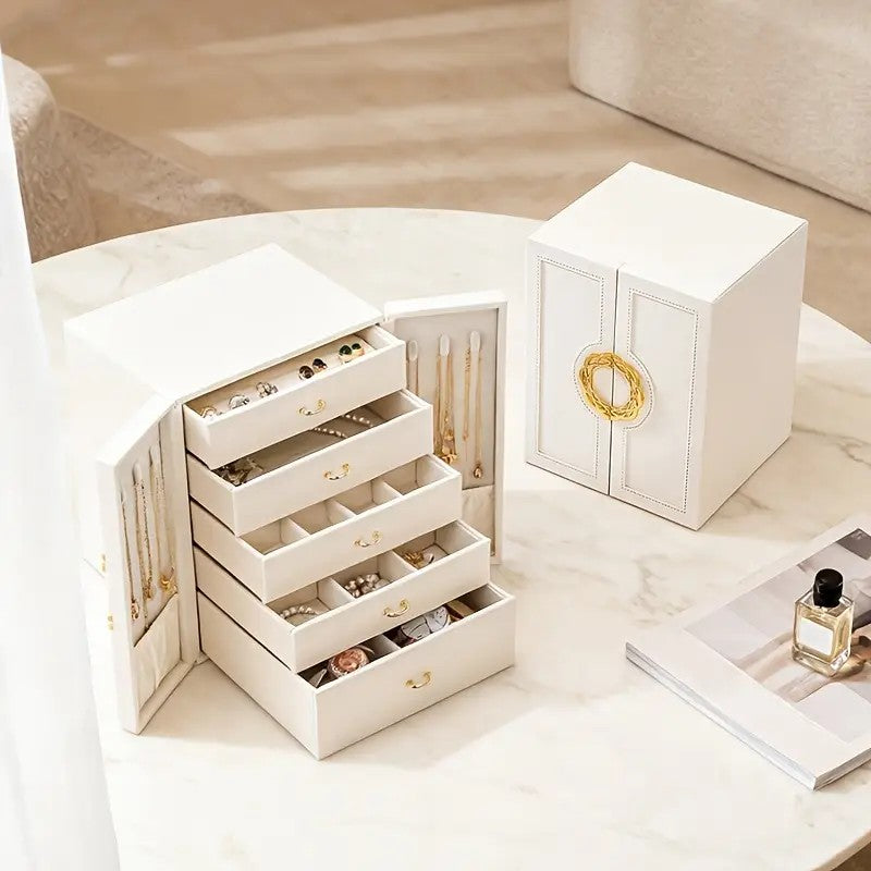 White   1 Large Faux Leather Jewelry Storage Box with 5 Drawers and Gold Handles - An elegant rectangular storage space for rings, necklaces,...