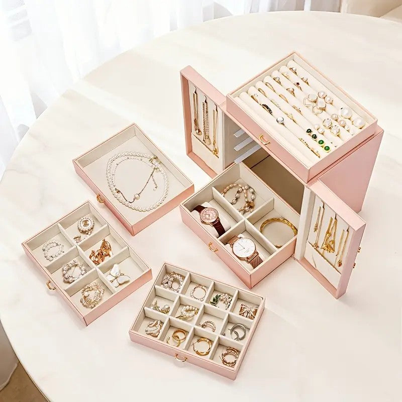 White   1 Large Faux Leather Jewelry Storage Box with 5 Drawers and Gold Handles - An elegant rectangular storage space for rings, necklaces,...