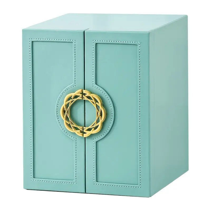 Blue  1 Large Faux Leather Jewelry Storage Box with 5 Drawers and Gold Handles - An elegant rectangular storage space for rings, necklaces,...