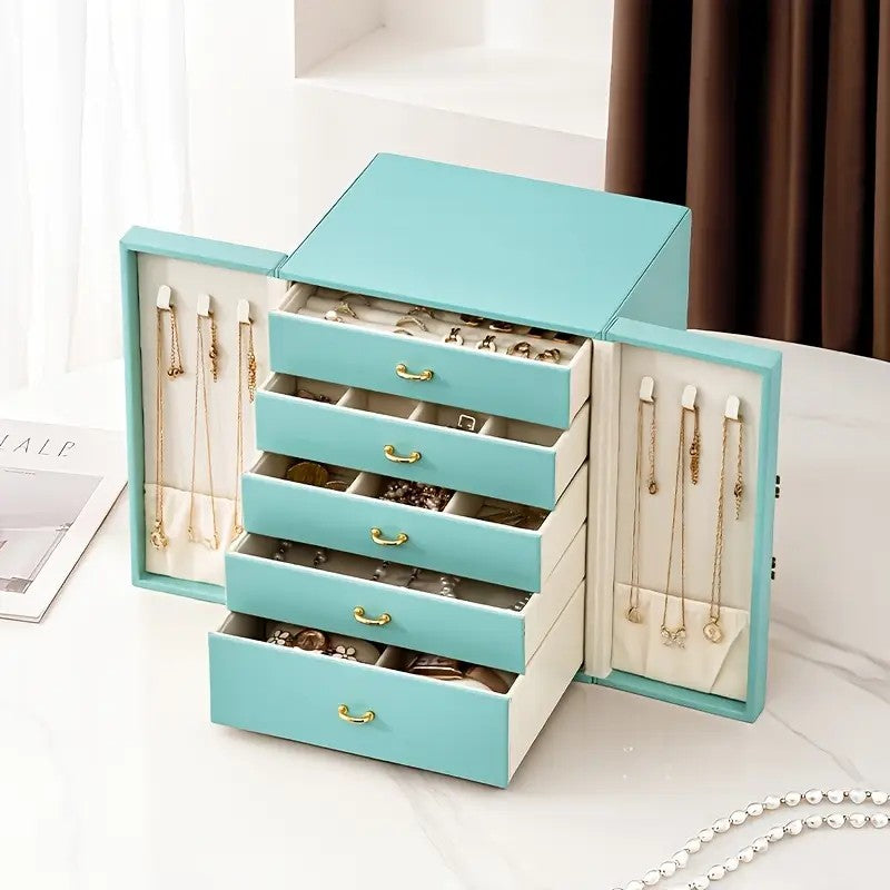 Blue  1 Large Faux Leather Jewelry Storage Box with 5 Drawers and Gold Handles - An elegant rectangular storage space for rings, necklaces,...
