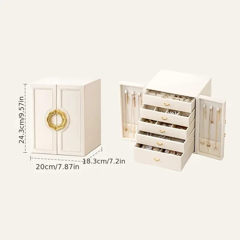 Blue  1 Large Faux Leather Jewelry Storage Box with 5 Drawers and Gold Handles - An elegant rectangular storage space for rings, necklaces,...