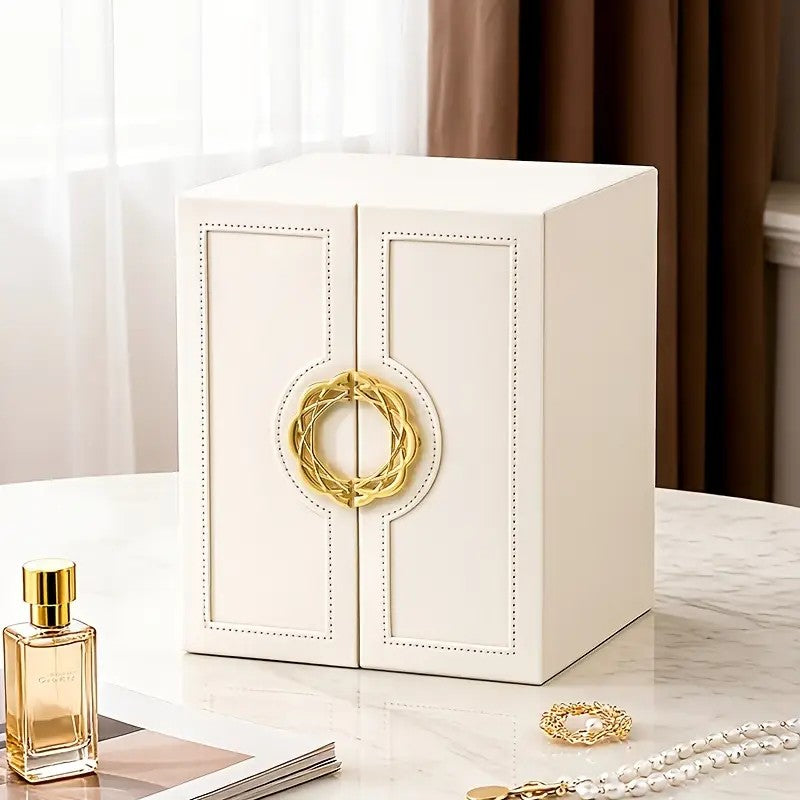 Blue  1 Large Faux Leather Jewelry Storage Box with 5 Drawers and Gold Handles - An elegant rectangular storage space for rings, necklaces,...