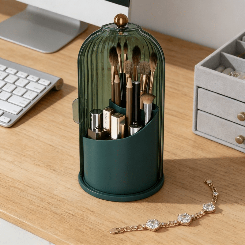 Transparent Rotating Makeup Brush Holder: 360° Rotation for Easy Access, Dust-Proof with Compartments, Neat and Portable(Transparent green）