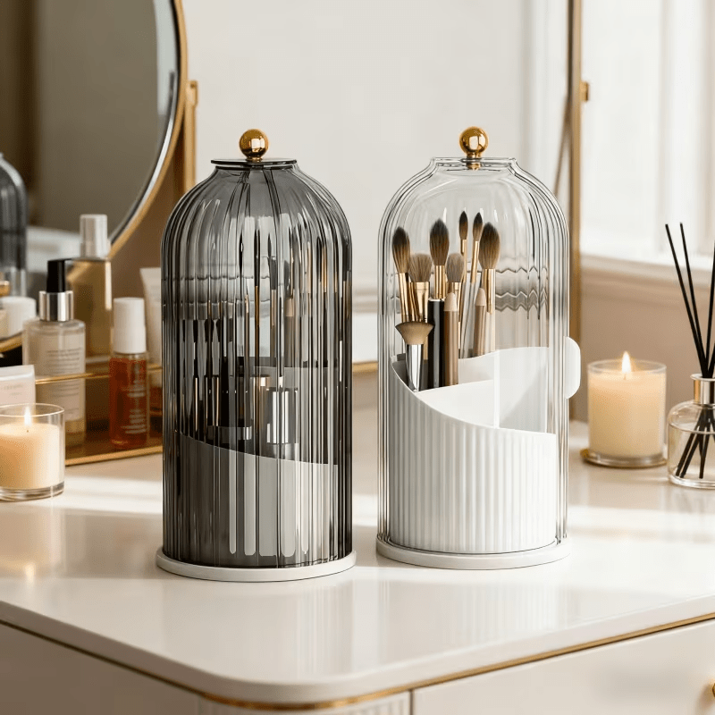 Transparent Rotating Makeup Brush Holder: 360° Rotation for Easy Access, Dust-Proof with Compartments, Neat and Portable(Transparent green）