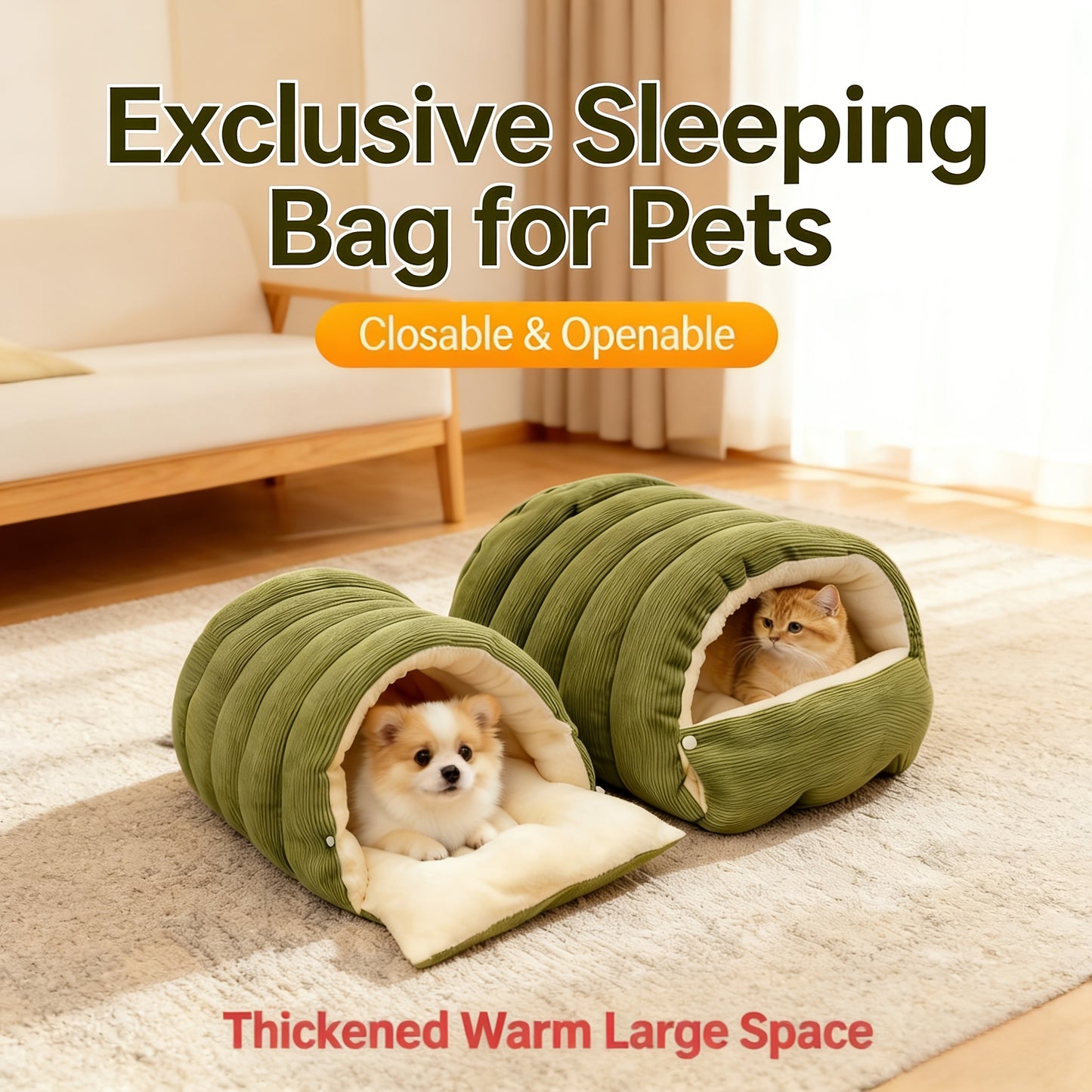 High-Elasticity Warm Cat Bed - 57×37×28cm Wrapped Design, Removable & Washable (Light Green)