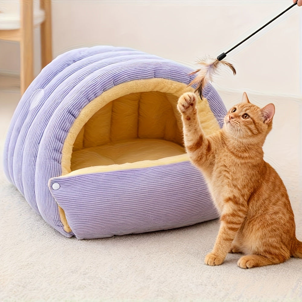 High-Elasticity Warm Cat Bed: 45×30×19cm Wrapped Design, Striped Fleece + Arctic Fleece Heat Retention, Removable & Washable（light GREEN）