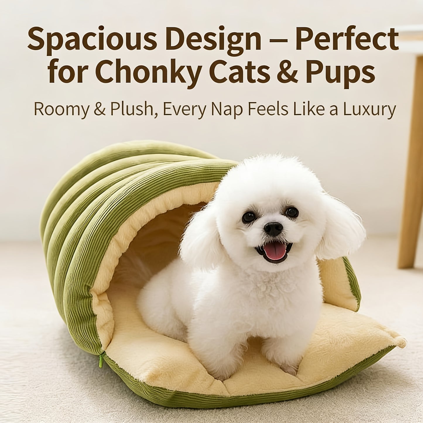 High-Elasticity Warm Cat Bed: 45×30×19cm Wrapped Design, Striped Fleece + Arctic Fleece Heat Retention, Removable & Washable（light beige）