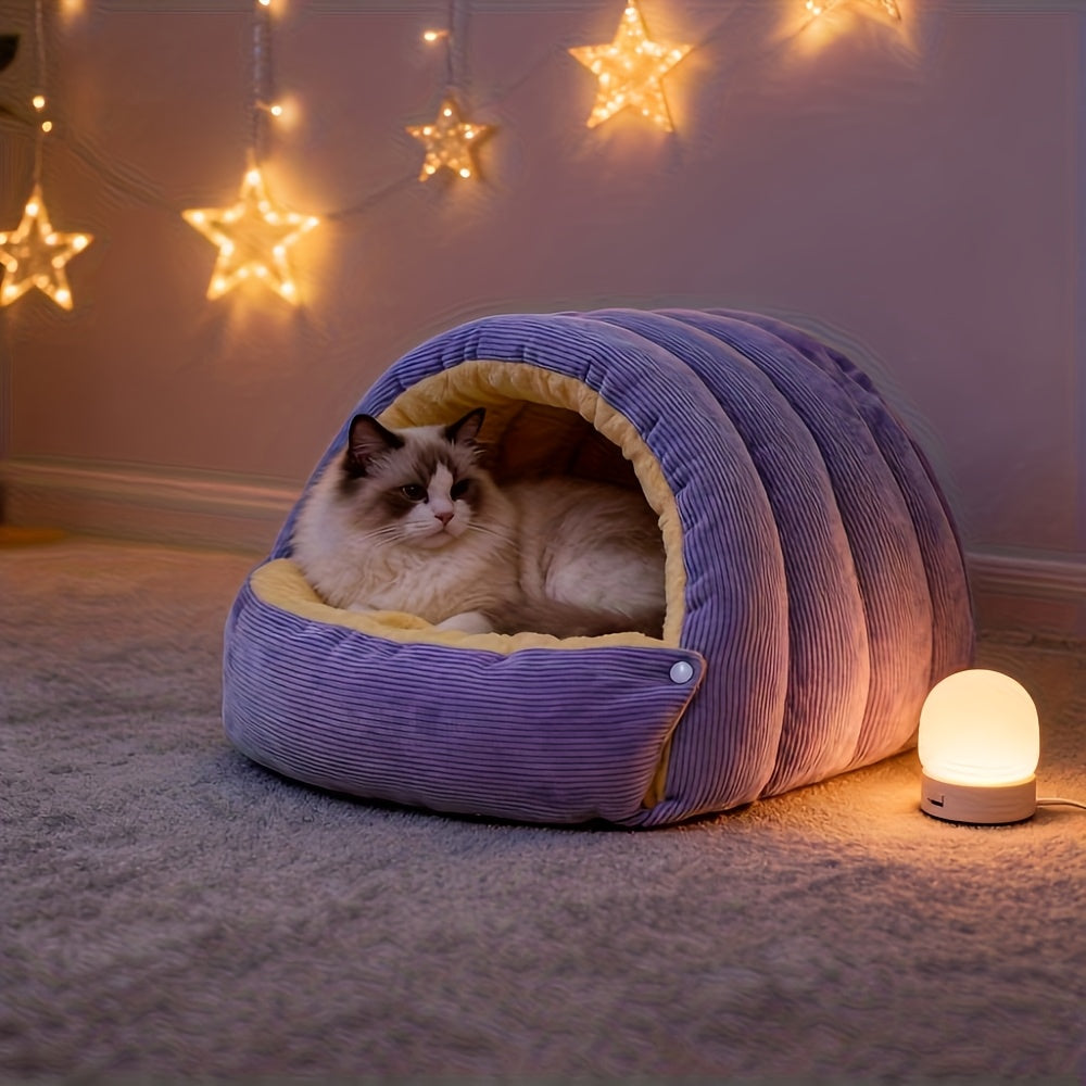 High-Elasticity Warm Cat Bed: 45×30×19cm Wrapped Design, Striped Fleece + Arctic Fleece Heat Retention, Removable & Washable（light beige）