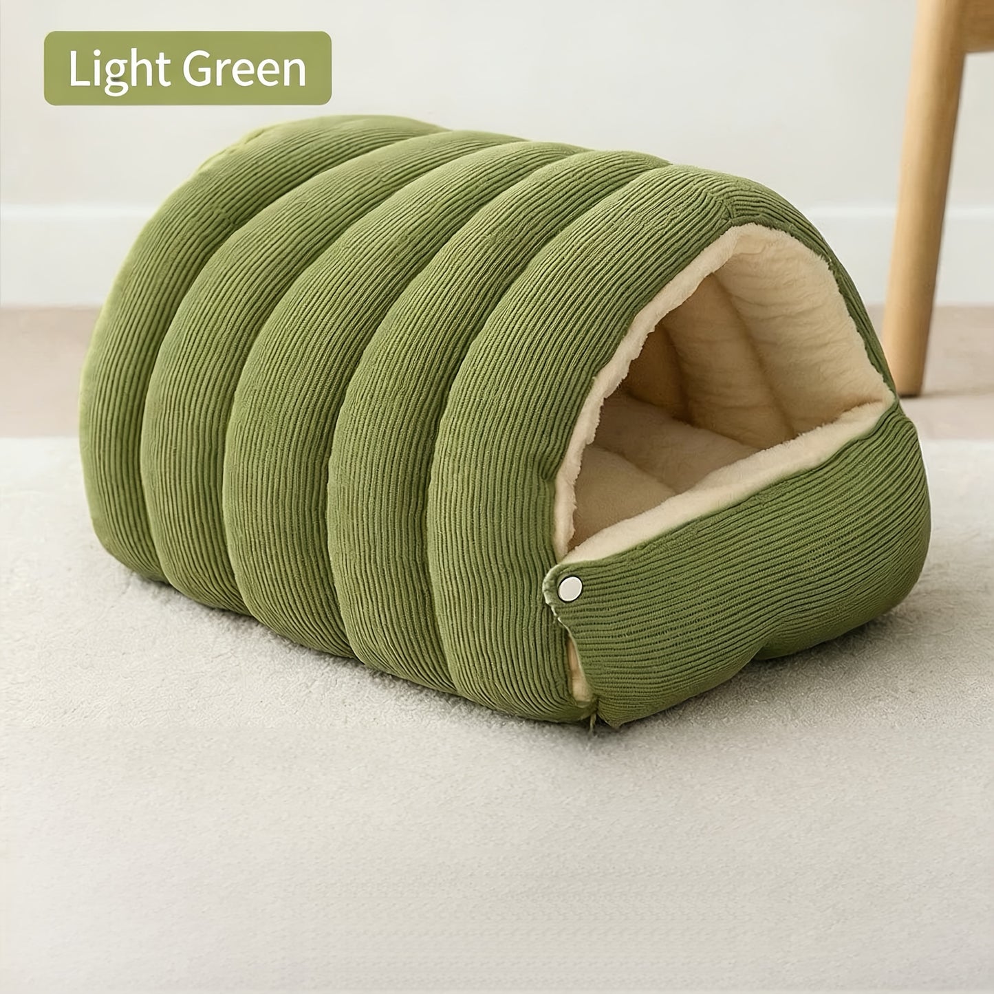 High-Elasticity Warm Cat Bed: 45×30×19cm Wrapped Design, Striped Fleece + Arctic Fleece Heat Retention, Removable & Washable（light beige）