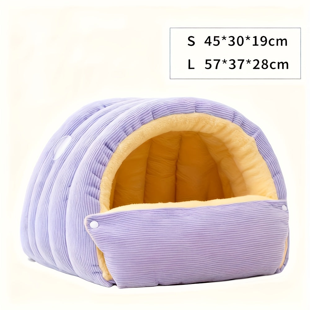 High-Elasticity Warm Cat Bed: 45×30×19cm Wrapped Design, Striped Fleece + Arctic Fleece Heat Retention, Removable & Washable（light beige）