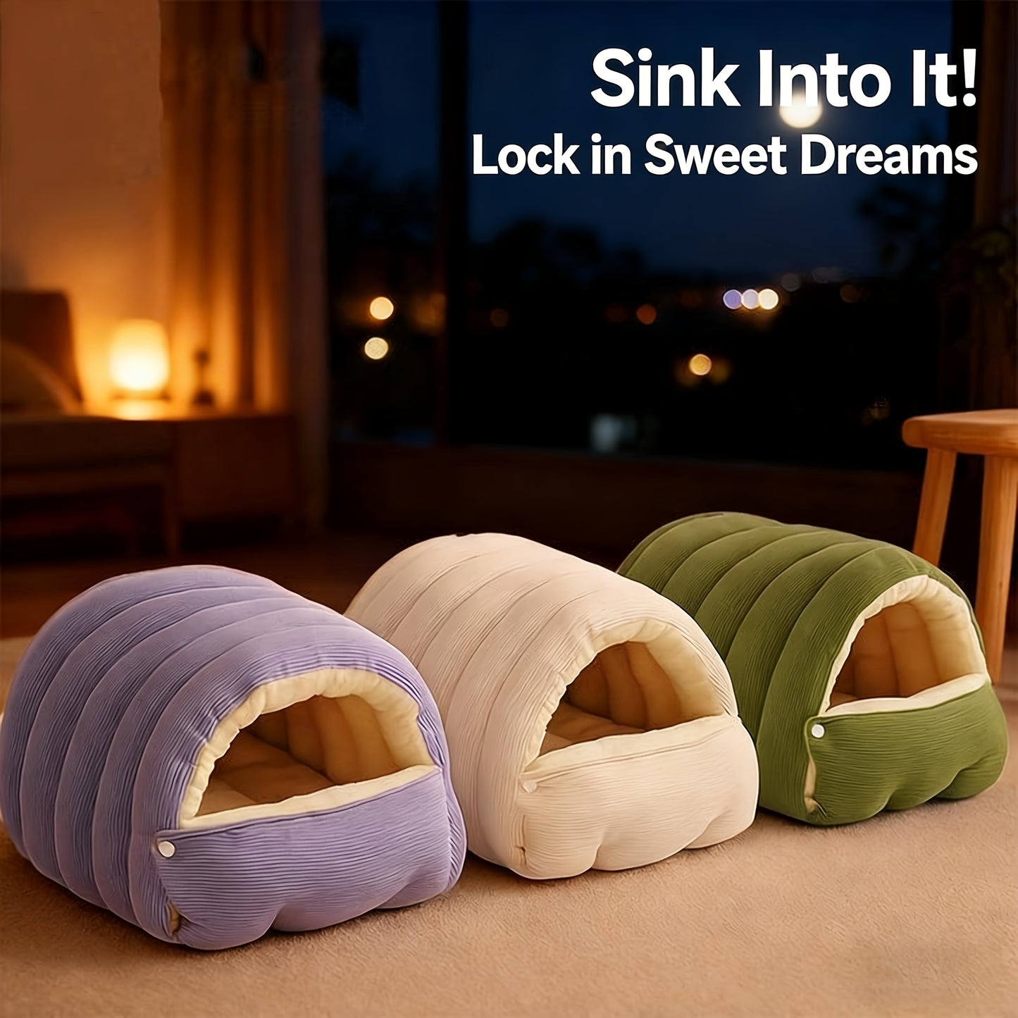 High-Elasticity Warm Cat Bed: 45×30×19cm Wrapped Design, Striped Fleece + Arctic Fleece Heat Retention, Removable & Washable（light beige）