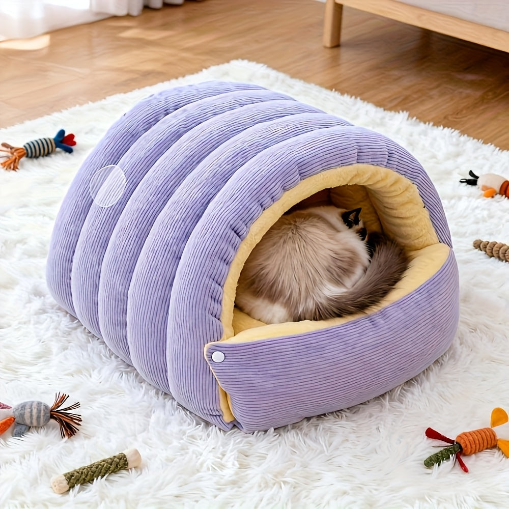 High-Elasticity Warm Cat Bed: 45×30×19cm Wrapped Design, Striped Fleece + Arctic Fleece Heat Retention, Removable & Washable（light beige）