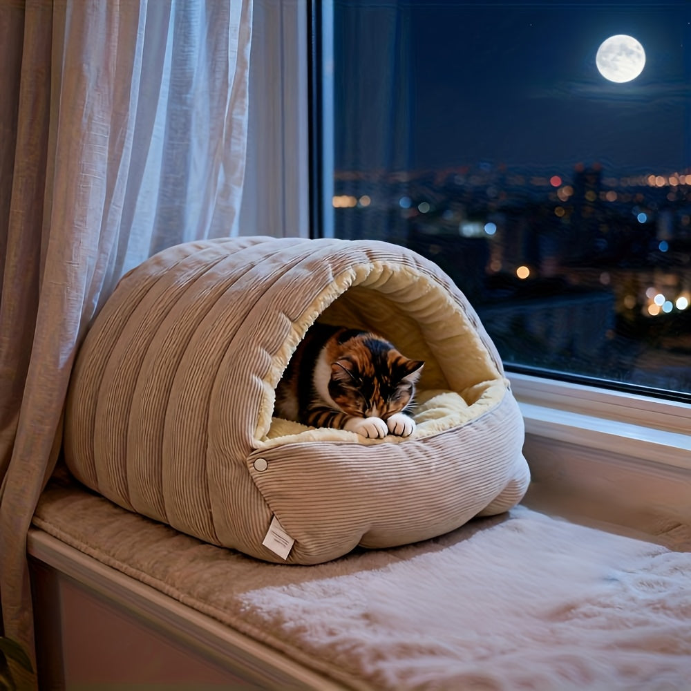 High-Elasticity Warm Cat Bed: 45×30×19cm Wrapped Design, Striped Fleece + Arctic Fleece Heat Retention, Removable & Washable（light beige）