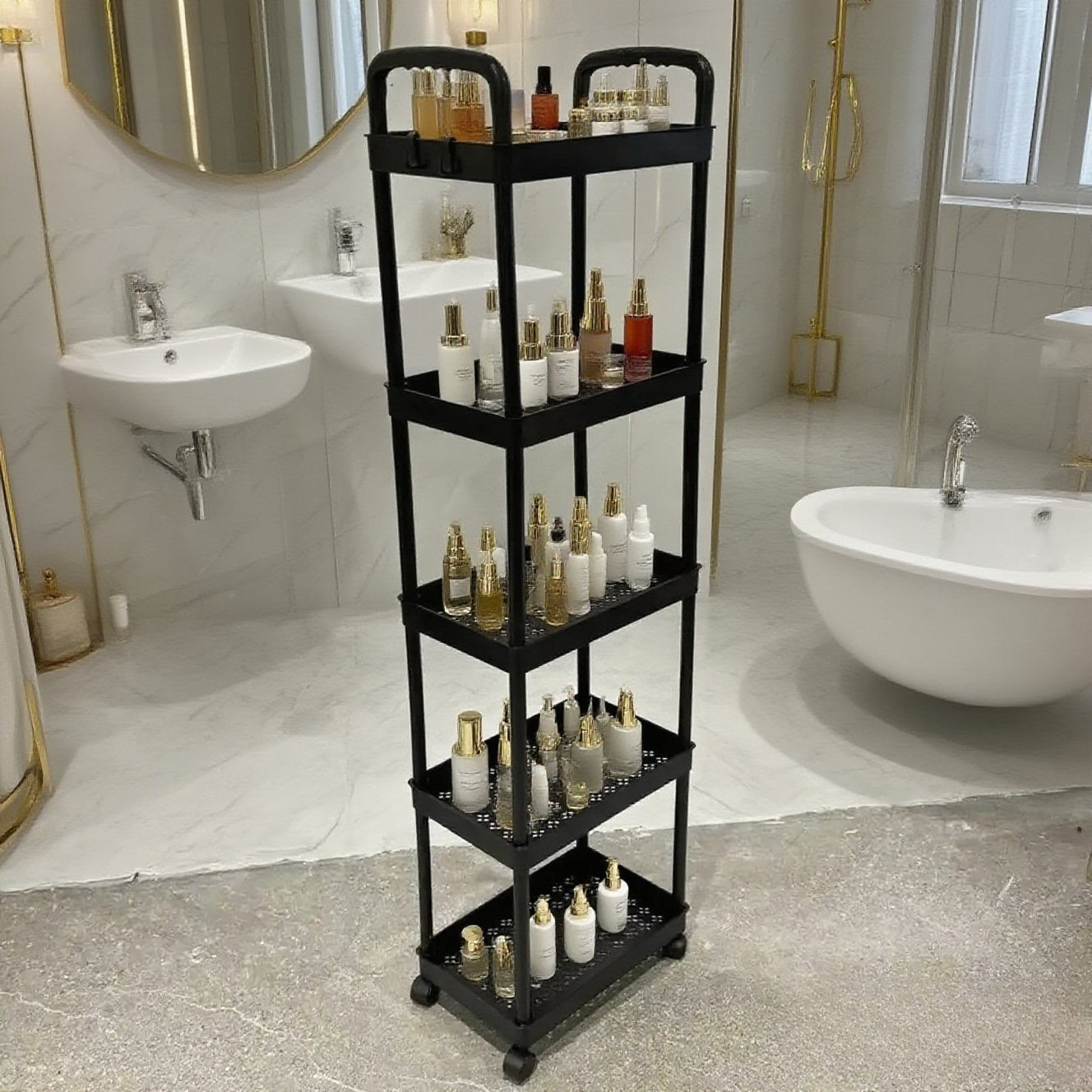 Five-Tier Rolling Cosmetics Storage Rack - Made of durable plastic, equipped with 360-degree swivel casters, strong load-bearing capacity -...