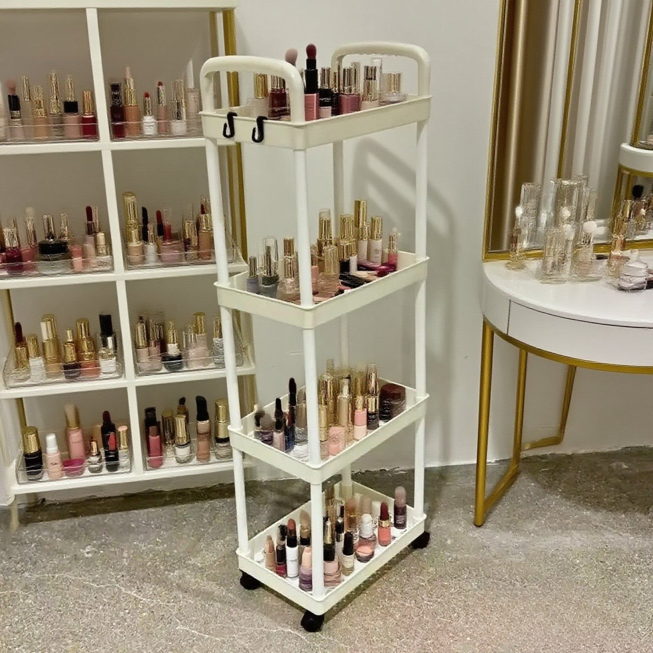 Five-Tier Rolling Cosmetics Storage Rack - Made of durable plastic, equipped with 360-degree swivel casters, strong load-bearing capacity -...