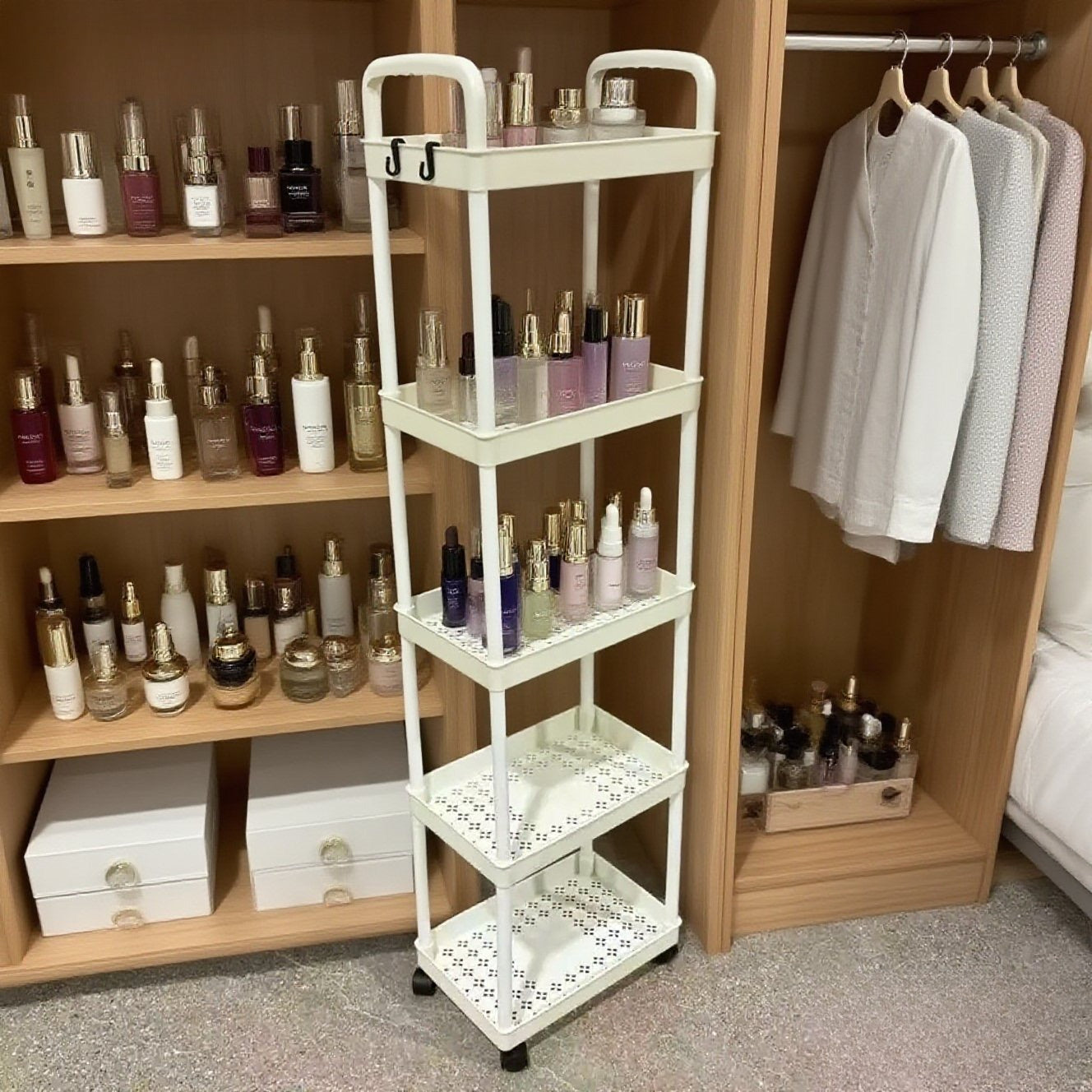 Five-Tier Rolling Cosmetics Storage Rack - Made of durable plastic, equipped with 360-degree swivel casters, strong load-bearing capacity -...