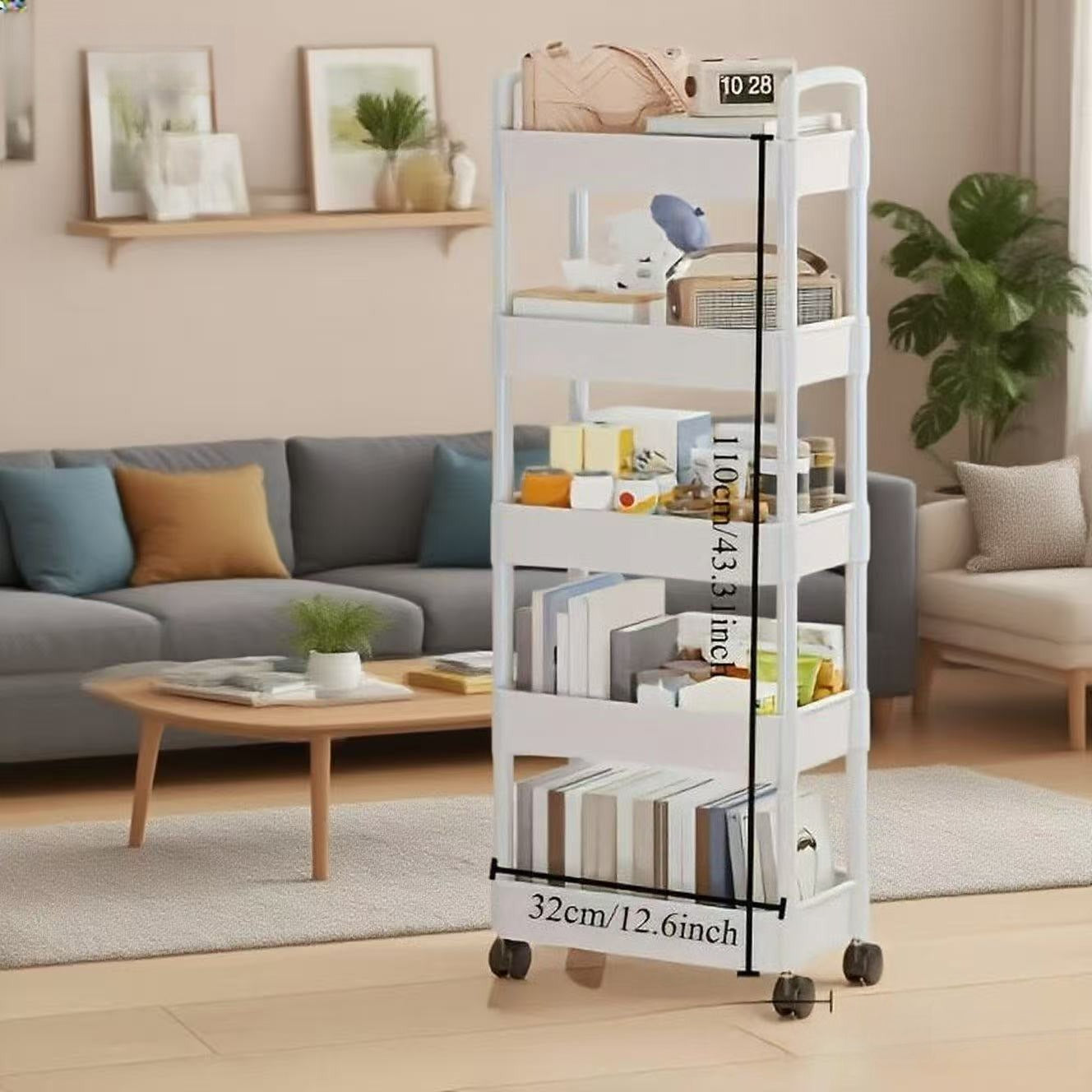Five-Tier Rolling Cosmetics Storage Rack - Made of durable plastic, equipped with 360-degree swivel casters, strong load-bearing capacity -...