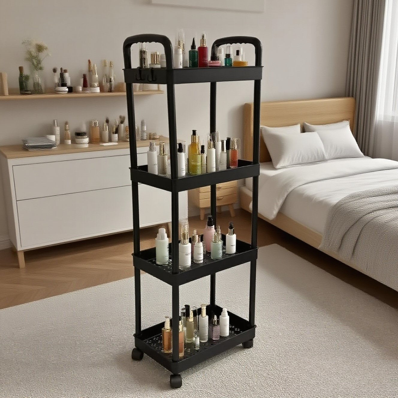 Five-Tier Rolling Cosmetics Storage Rack - Made of durable plastic, equipped with 360-degree swivel casters, strong load-bearing capacity -...