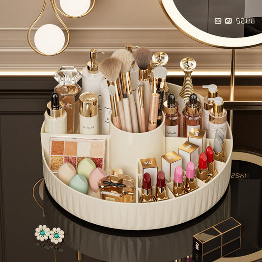 Rotatable Luxury Cosmetic Organizer Desk Large Capacity Skincare Storage Shelf Vanity Tidy Tray Cosmetic Storage Box（cream color）