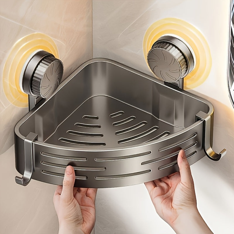 Space-Saving Suction Cup Bathroom Storage Rack | No Drilling Required, Strong Triangular Storage Shelf with Hooks, Suitable for Shower and Bathroom...