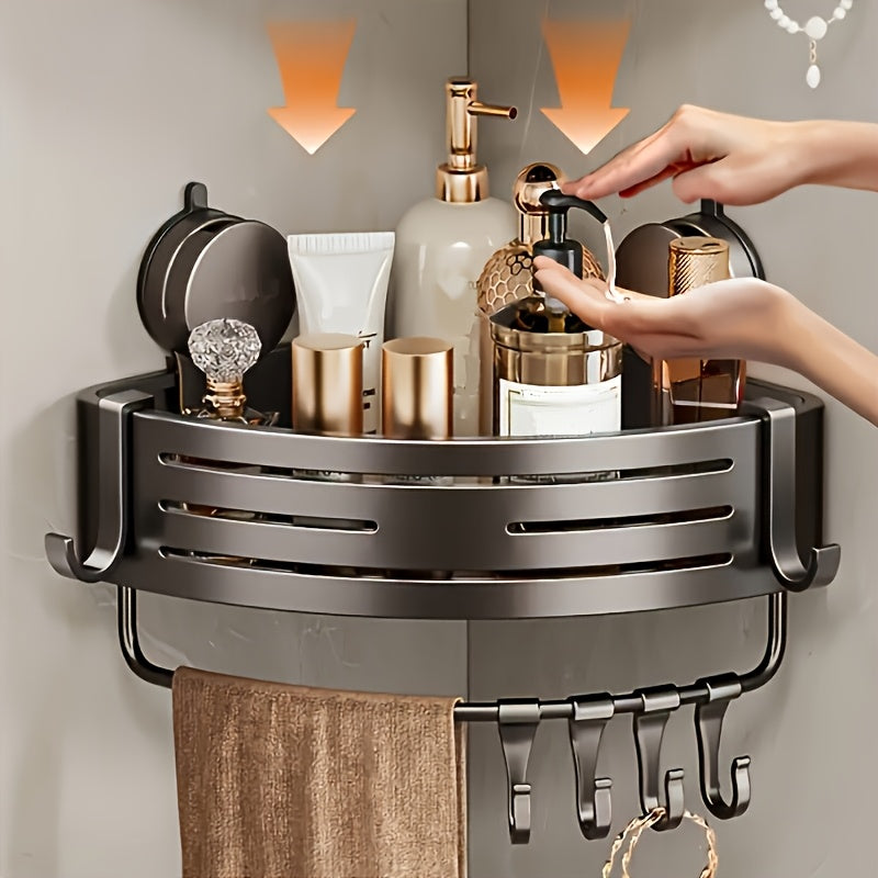 Space-Saving Suction Cup Bathroom Storage Rack | No Drilling Required, Strong Triangular Storage Shelf with Hooks, Suitable for Shower and Bathroom...