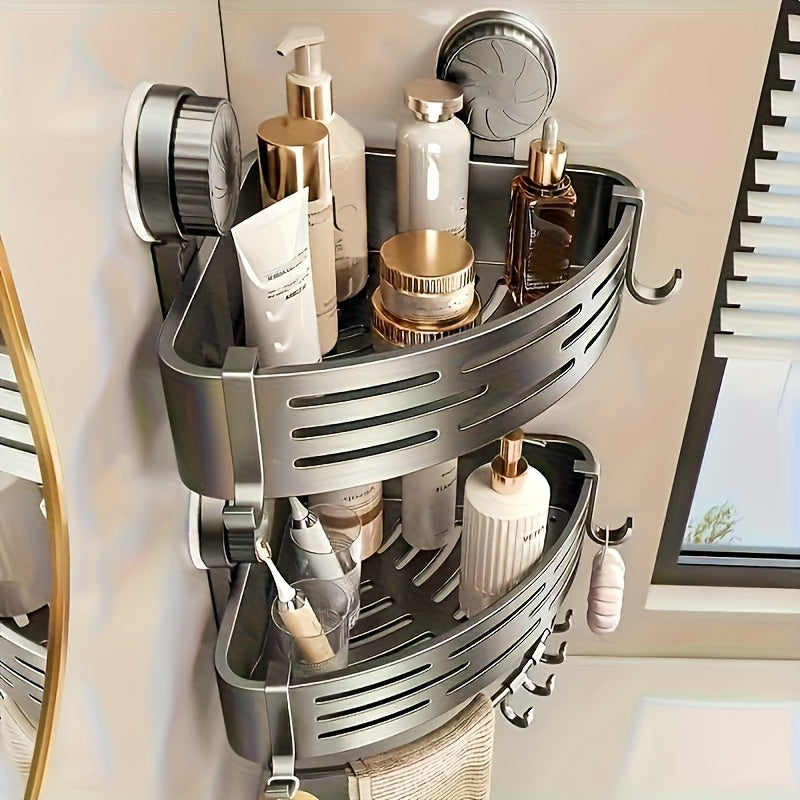Space-Saving Suction Cup Bathroom Storage Rack | No Drilling Required, Strong Triangular Storage Shelf with Hooks, Suitable for Shower and Bathroom...