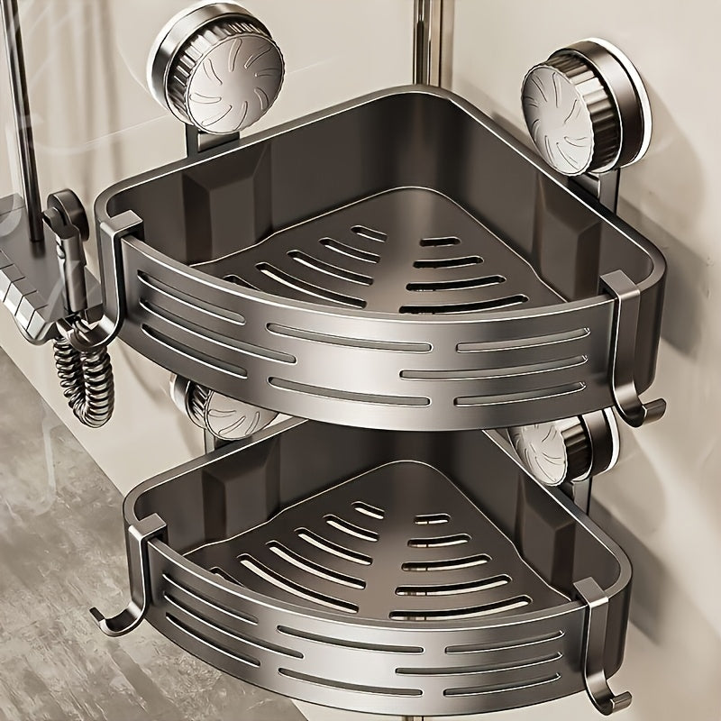 Space-Saving Suction Cup Bathroom Storage Rack | No Drilling Required, Strong Triangular Storage Shelf with Hooks, Suitable for Shower and Bathroom...