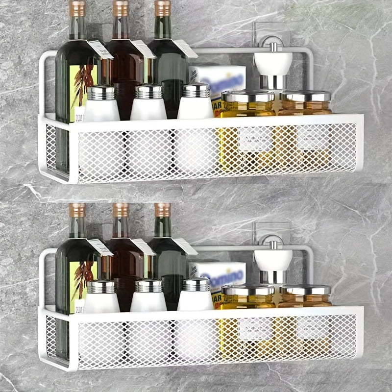 Wrought Iron Bathroom Storage Basket, Wall-Mounted Self-Adhesive Toothbrush Holder, Cosmetic & Condiment Shower Shelves, Kitchen & Bathroom...