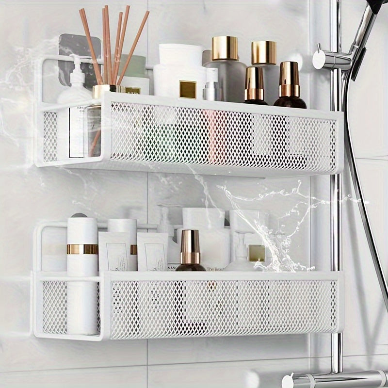 Wrought Iron Bathroom Storage Basket, Wall-Mounted Self-Adhesive Toothbrush Holder, Cosmetic & Condiment Shower Shelves, Kitchen & Bathroom...