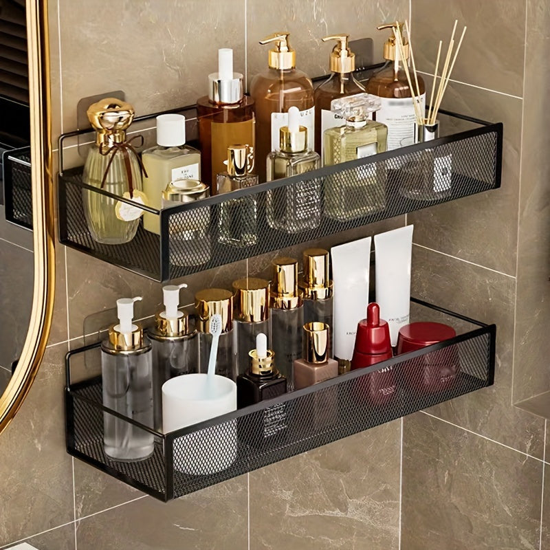 Wrought Iron Bathroom Storage Basket, Wall-Mounted Self-Adhesive Toothbrush Holder, Cosmetic & Condiment Shower Shelves, Kitchen & Bathroom...