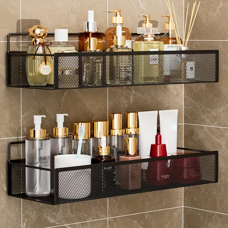 Wrought Iron Bathroom Storage Basket, Wall-Mounted Self-Adhesive Toothbrush Holder, Cosmetic & Condiment Shower Shelves, Kitchen & Bathroom...