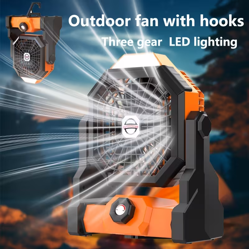 Portable Camping Fan - LED Light, USB Rechargeable, 7800mAh, 270° Adjustable