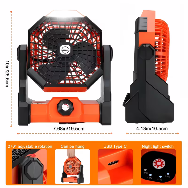 Portable Camping Fan - LED Light, USB Rechargeable, 7800mAh, 270° Adjustable