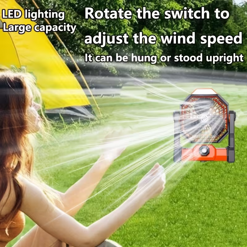 Portable Camping Fan - LED Light, USB Rechargeable, 7800mAh, 270° Adjustable