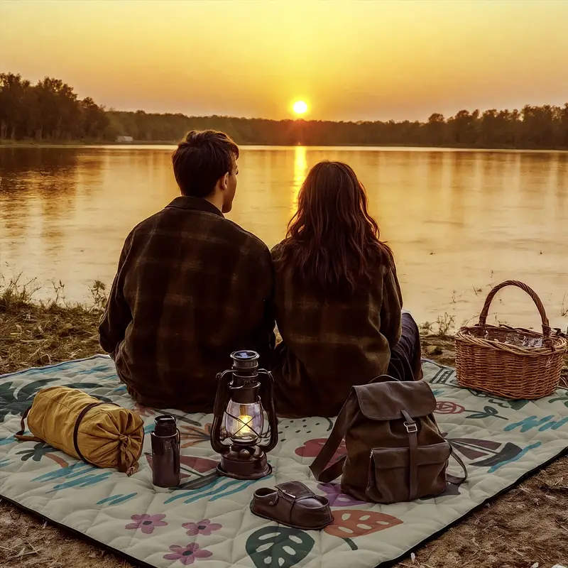 Extra-large 198.12x198.12 cm foldable picnic mat with portable rope. Soft padding design, floral and fruit prints, durable polyester material,...