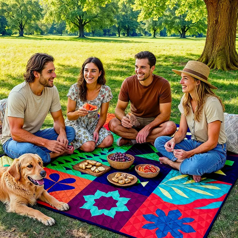 Extra-large 198.12x198.12 cm foldable picnic mat with portable rope. Soft padding design, floral and fruit prints, durable polyester material,...