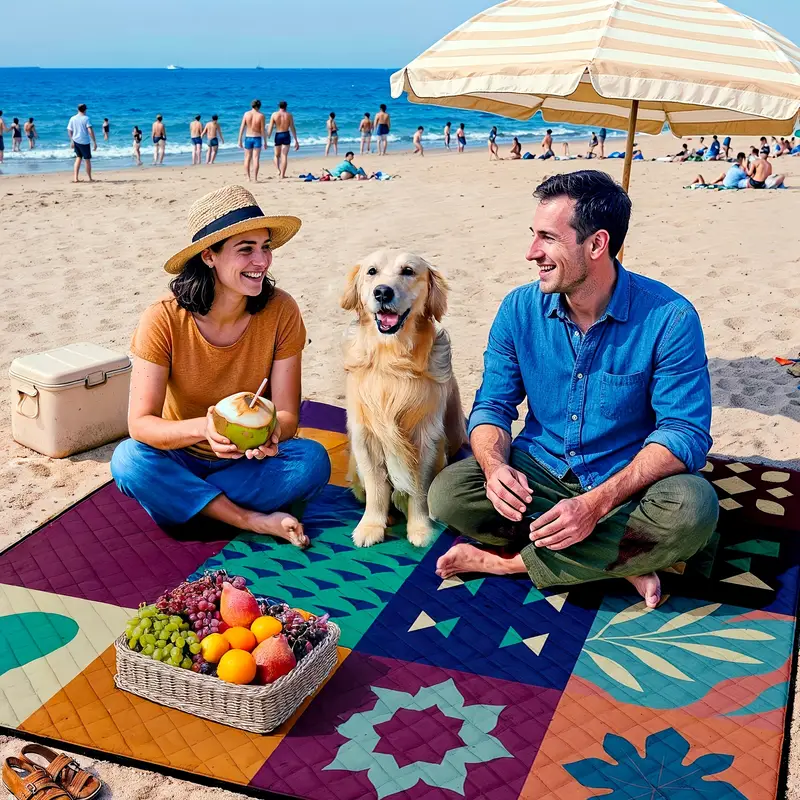 Extra-large 198.12x198.12 cm foldable picnic mat with portable rope. Soft padding design, floral and fruit prints, durable polyester material,...