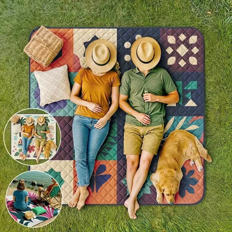 Extra-large 198.12x198.12 cm foldable picnic mat with portable rope. Soft padding design, floral and fruit prints, durable polyester material,...