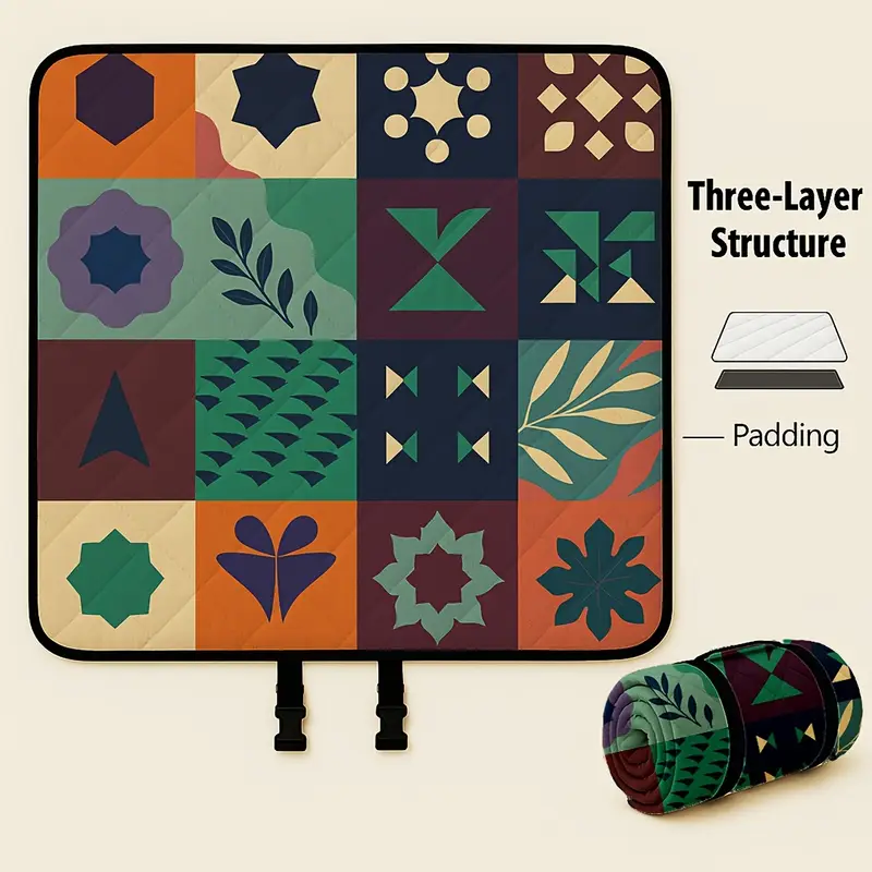 Extra-large 198.12x198.12 cm foldable picnic mat with portable rope. Soft padding design, floral and fruit prints, durable polyester material,...