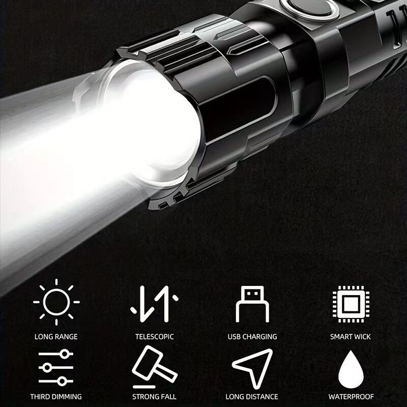 1 USB rechargeable flashlight, ultra-bright LED handheld outdoor emergency light, with telescopic zoo