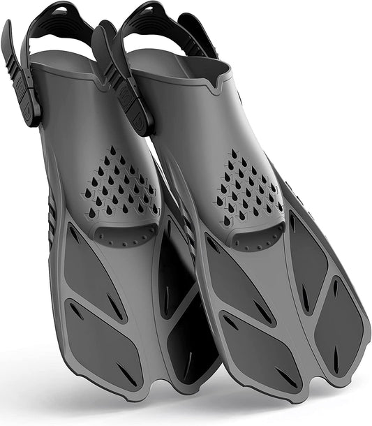 Gray Adjustable Open Heel Snorkel Fins, Travel-Size Short Swim Flippers for Snorkeling, Diving & Swimming, Adult Men & Women（S/M）