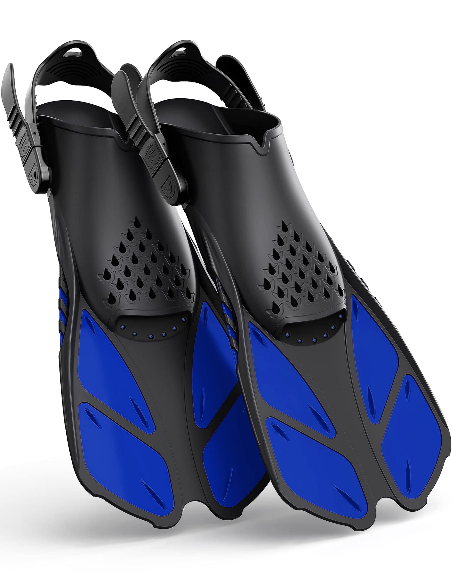 Blue Adjustable Open Heel Snorkel Fins, Travel-Size Short Swim Flippers for Snorkeling, Diving & Swimming, Adult Men & Women（S/M）