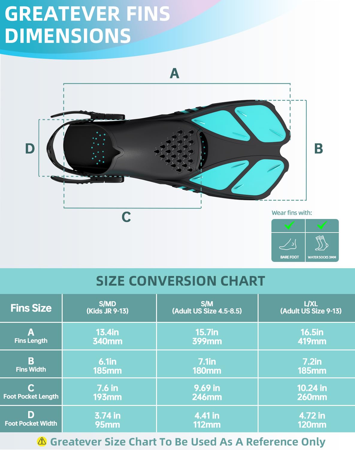 Green Adjustable Open Heel Snorkel Fins, Travel-Size Short Swim Flippers for Snorkeling, Diving & Swimming, Adult Men & Women（S/M）