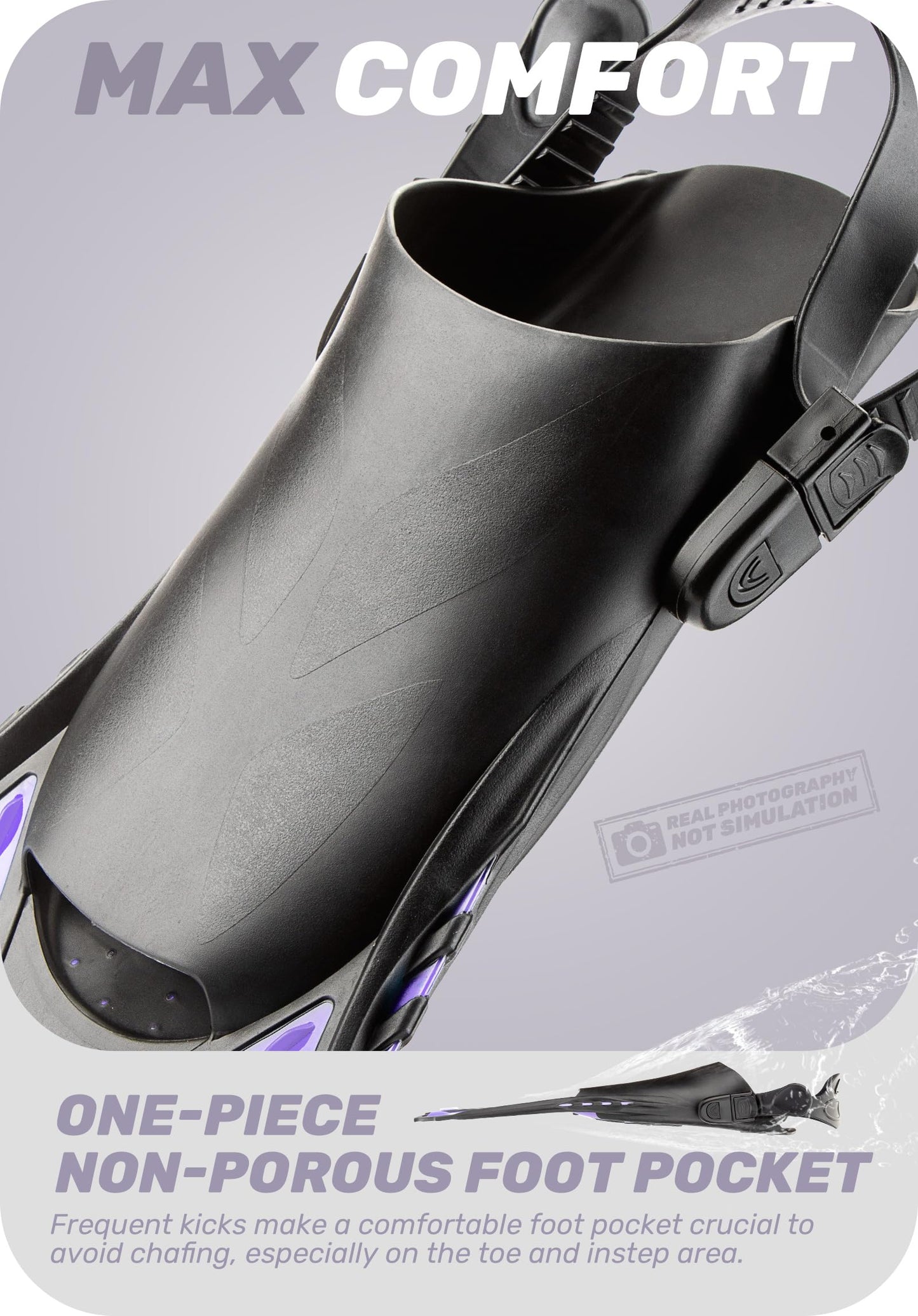 Purple Adjustable Open Heel Snorkel Fins, Travel-Size Short Swim Flippers for Snorkeling, Diving & Swimming, Adult Men & Women（L/XL）