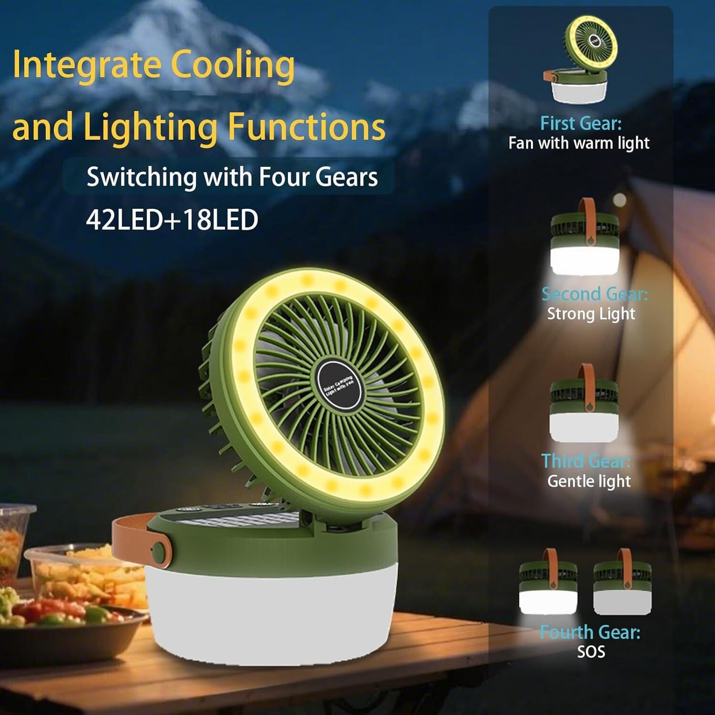 Camping Light with Fan, Portable Hanging Lamp for Tent, IPX4 Waterproof, 4 Mode Light Camping Lantern and 3 -Speed Quiet Fan,USB & Auxiliary Solar...