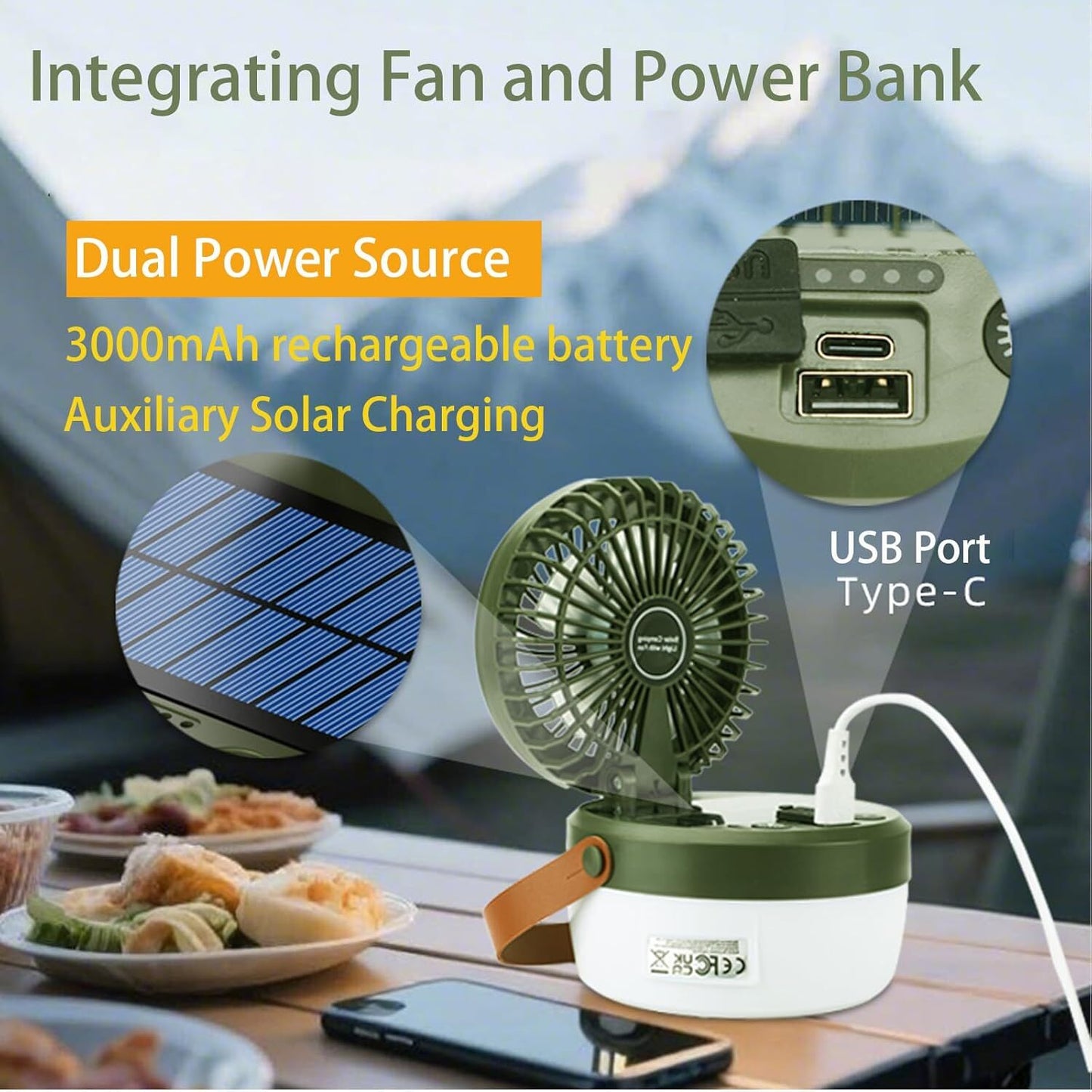Camping Light with Fan, Portable Hanging Lamp for Tent, IPX4 Waterproof, 4 Mode Light Camping Lantern and 3 -Speed Quiet Fan,USB & Auxiliary Solar...