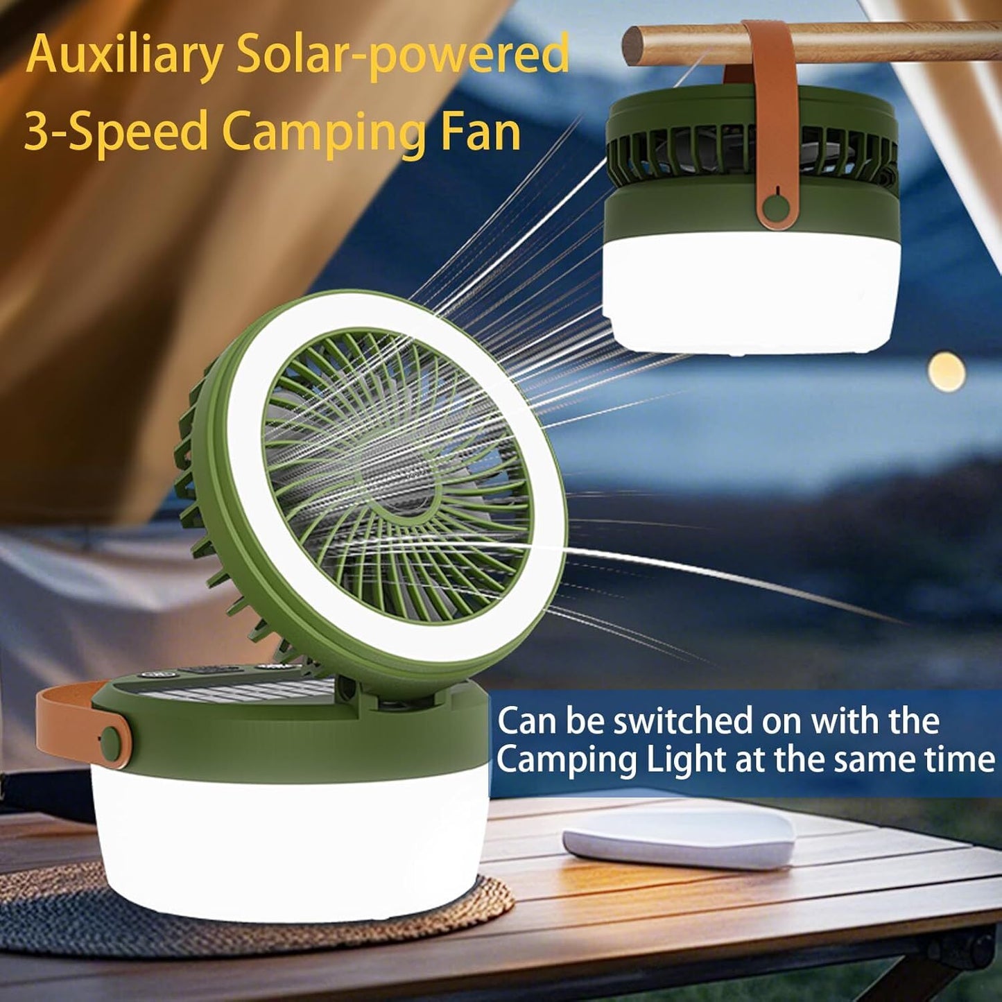 Camping Light with Fan, Portable Hanging Lamp for Tent, IPX4 Waterproof, 4 Mode Light Camping Lantern and 3 -Speed Quiet Fan,USB & Auxiliary Solar...